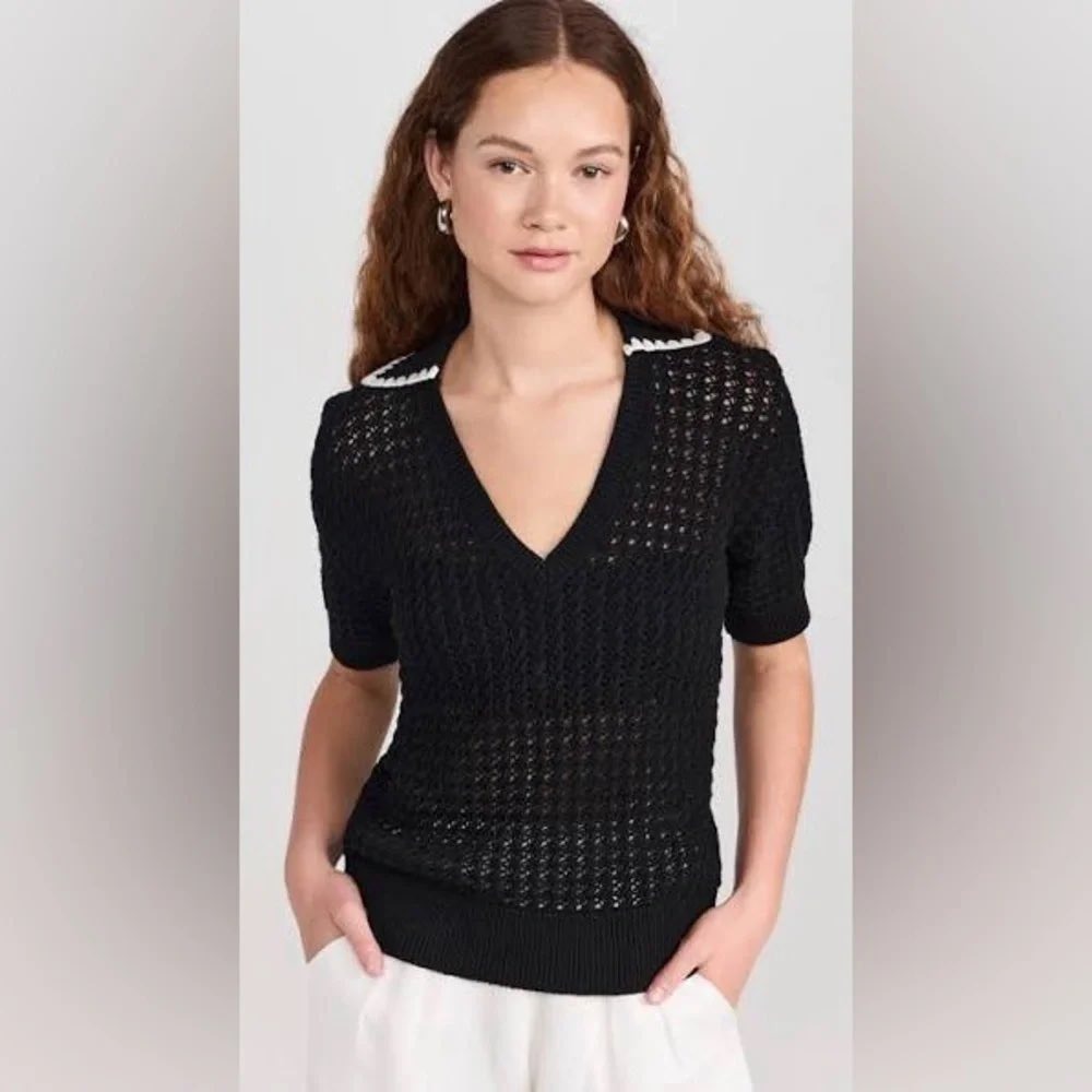 Varley Black Cotton Open Knit Scallop Trim V-Neck Polo Sweater XS